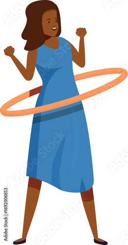Young woman wearing blue dress twirling hula hoop around her waist, exercising and smiling