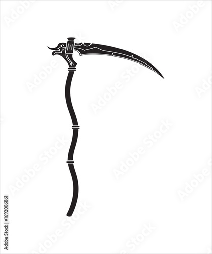 Vector art of black silhouette of a scythe with a curved blade and a long handle