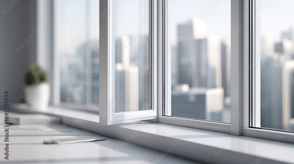 Fototapeta premium A modern office window offering a view of a cityscape, with a clean desk and a potted plant, evoking a sense of tranquility and productivity.