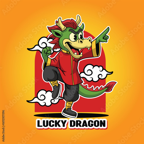 Funny dragon celebrating Chinese New Year in traditional red outfit illustration
