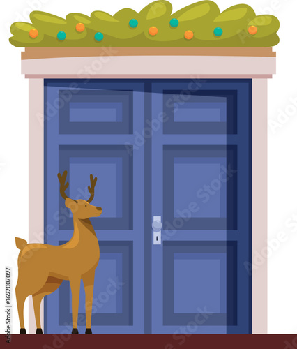 Reindeer figurine standing by the entrance of a house decorated for christmas holidays