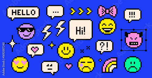Pixel emoticon icons set of retro 8 bit style speech bubble, various smile faces with cool sunglasses, tear, laugh, angry expression, love eyes, bow, rainbow. Game abstract vector elements on blue bg