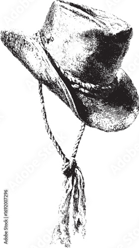 Cowboy hat with rope in vintage style. Detailed headwear accessory, monochrome vector illustration.