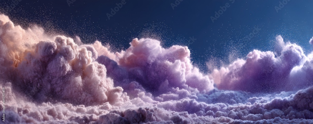 Naklejka premium Dreamy purple and pink cloudscape with glowing particles under a night sky