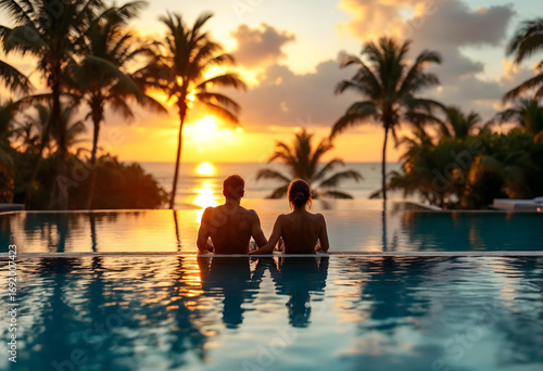 Couple sitting by pool watching sunset with palm trees.