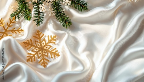 Elegant Flatlay of Golden Snowflake Ornament on Whimsical White Silk Fabric with Green Pine Branch for Upscale Holiday Decor and Seasonal Celebrations