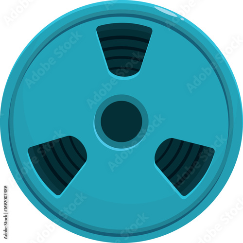 Vintage blue plastic magnetic tape reel storing audio information, isolated on white background