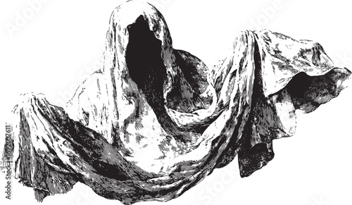 A ghostly hooded figure with a draped cloak, shown in monochrome linework. Vintage horror vector illustration with detailed engraving style.