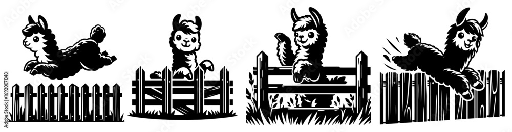 Obraz premium Alpaca Jumping Fence – Cute Running Llama Sequence, Farm Animal Motion Strip, Hand‑Drawn Vector Silhouette Illustration