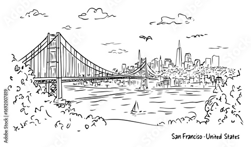 San Francisco City Skyline with Iconic Suspension Bridge – Hand‑Drawn Black and White Sketch Vector Illustration
