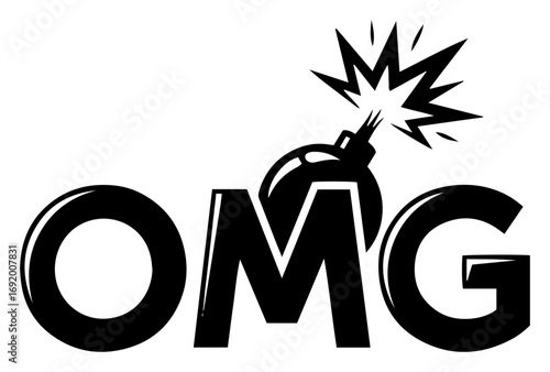 OMG Text with Comic Bomb Explosion – Bold Black Vector Icon for Shock, Surprise, Meme or Alert Concept