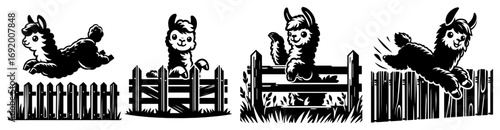 Alpaca Jumping Fence – Cute Running Llama Sequence, Farm Animal Motion Strip, Hand‑Drawn Vector Silhouette Illustration