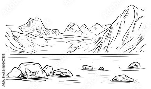 Mountain Valley Riverbed Panorama – Hand‑Drawn Rocky Wilderness Landscape Sketch, Alpine Peaks and Stones Line Art Illustration