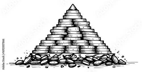 Coins Pyramid Stack – Hand‑Drawn Wealth, Savings and Investment Concept, Money Growth Vector Illustration in Black and White Line Art