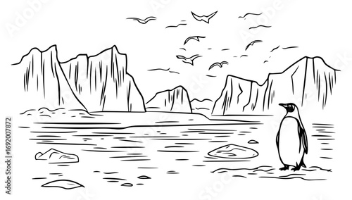 Antarctic Penguin on Frozen Sea Ice with Glacial Cliffs and Seabirds – Hand‑Drawn Black and White Vector Sketch Illustration