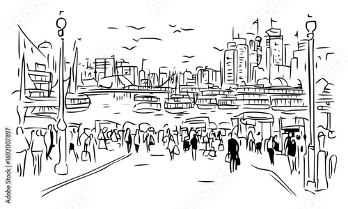 Crowded Waterfront Promenade with Ferries and Modern Skyline – Hand‑Drawn Urban Line Art Scene, City Harbor Tourism Illustration