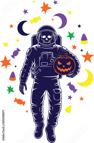 Vector art of astronaut in a spacesuit holding a jackolantern, floating amidst halloweenthemed stars, candy, and moons, isolated on a