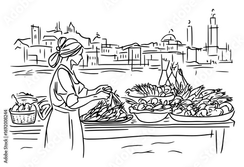 Female Street Vendor Selling Fresh Produce at Riverside Market with Historic City Skyline – Hand‑Drawn Line Art Vector Illustration