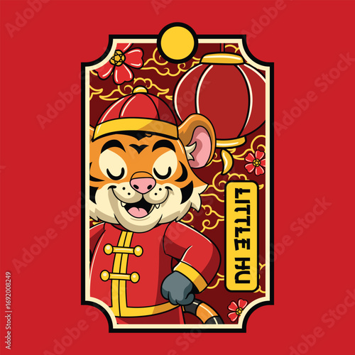 Tiger in a red Chinese outfit, smiling proudly for the Lunar New Year celebration