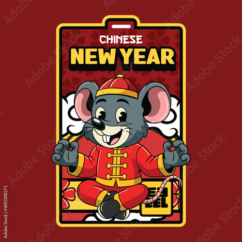 Funny rat in traditional Chinese outfit, sitting cross-legged celebrating Lunar New Year Illustration	