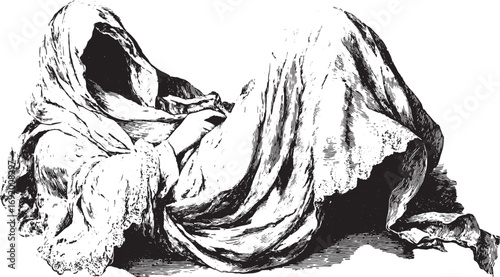 A hooded figure covered in robes is laying and resting. Black and white vintage vector illustration with detailed garment texture.