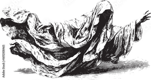 Ghostly hooded figure in flowing robes with outstretched hands. Black and white vintage vector illustration with gothic style details.