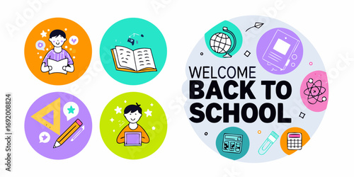 Welcome back to school collection of illustrations featuring students books and school supplies