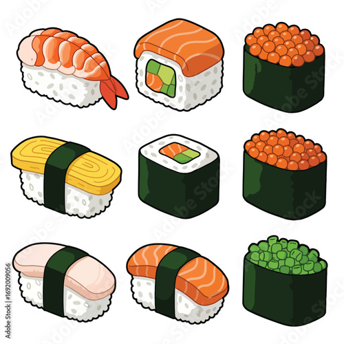 Assortment of Delicious Sushi and Rolls.