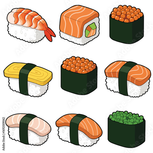 Assortment of Delicious Japanese Sushi and Sashimi Dishes.