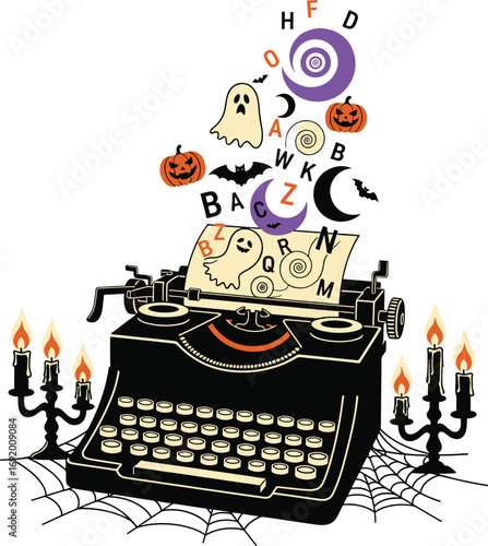Vector art of a vintage typewriter with halloween elements like pumpkins, moons, and letters spilling out, surrounded by candelabras and spiderwebs