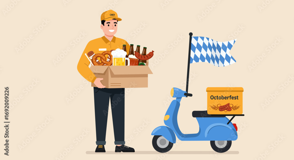Εκτύπωση καμβά A modern flat design illustration of a delivery person bringing Oktoberfest food and beer to a customer, representing convenience and celebration
