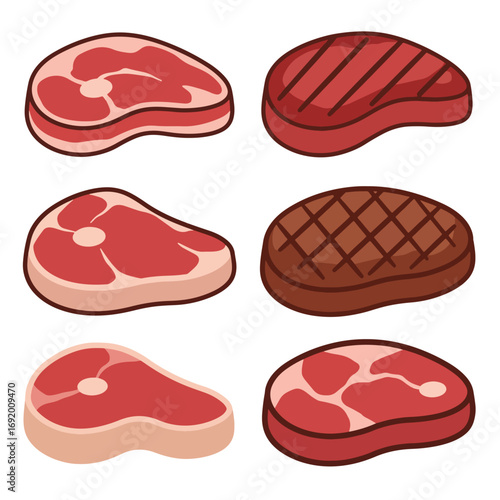 Assortment of Raw and Grilled Beef Steaks.