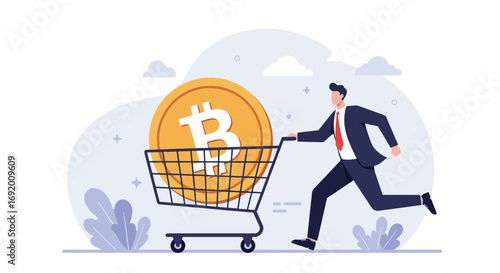 Businessman Pushing Shopping Cart With Giant Bitcoin Coin.