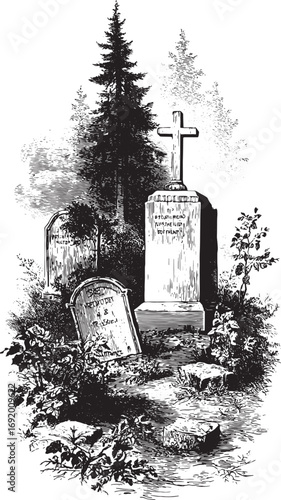 Grave and tombstone with cross in a vintage cemetery. Black and white engraving style set among trees and plants, vector illustration.