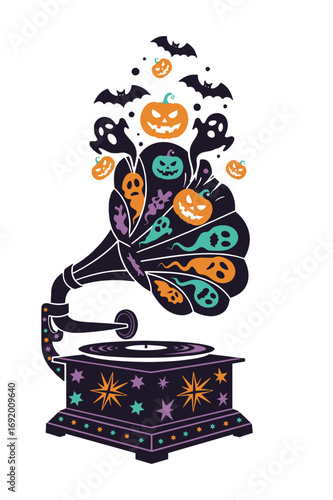 Vector art of halloween gramophone playing spooky music with ghosts and pumpkins