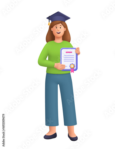 Young woman Kate in graduation cap holding diploma certificate. Education, graduation, learning success and academic accomplishment concept. 3d vector people character. Cartoon minimal style.