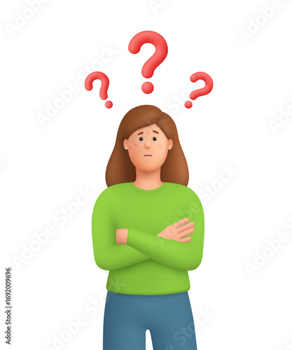 Confused woman Kate standing with crossed arms pose with red question mark, thinking of a solution. Choice, problem solving and decision making concept. 3d vector people character. Cartoon minimal sty