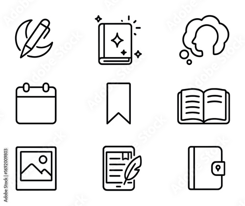 Dream Journal Icons. Outline icon set of Dream journaling: pen and moon, glowing notebook, memory bubble, date