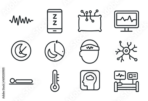 Sleep Science Icon Set. Outline icon set of Sleep science: EEG wave, sleep app, smart pillow, digital monitor,