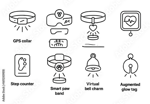 Smart Pet Wearables Icons. Outline icon set of Smart pet wearables: glowing GPS collar, AR fitness tracker,