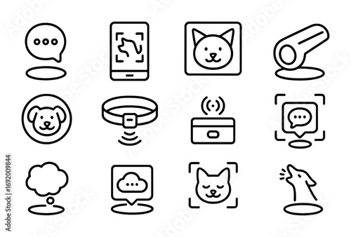 Pet Communication Icons. Outline icon set of Pet communication tech: holographic speech bubble, AR bark