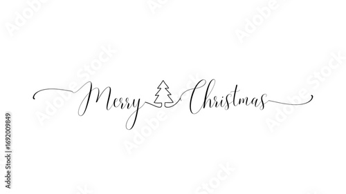 Calligraphic merry christmas text isolated on white background. Rounded merry christmas sign in script text with capitalized first lettersand tree . Vector Illustration.