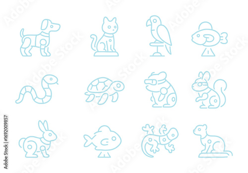 Robotic Pet Icons. Outline icon set of Hybrid robotic pets: neon robo-dog, holographic robo-cat, projected