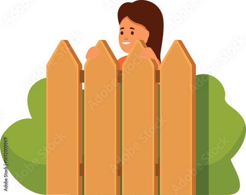 Smiling girl looking over garden fence in a safe and friendly neighborhood