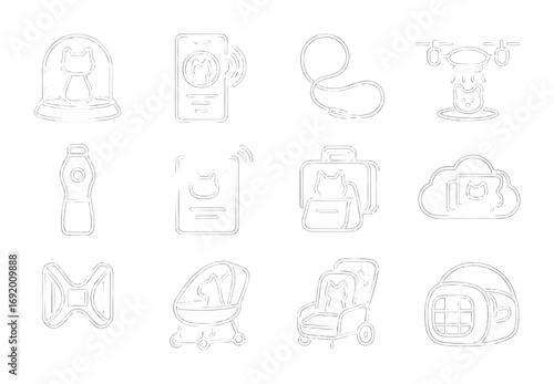 Futuristic Pet Travel Icons. Outline icon set of Futuristic pet travel: hologram carrier, AR pet passport,