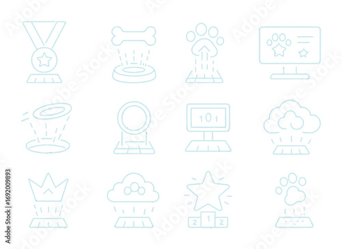AR Pet Competition Icons. Outline icon set of AR pet competitions: holographic medal, glowing trophy bone,