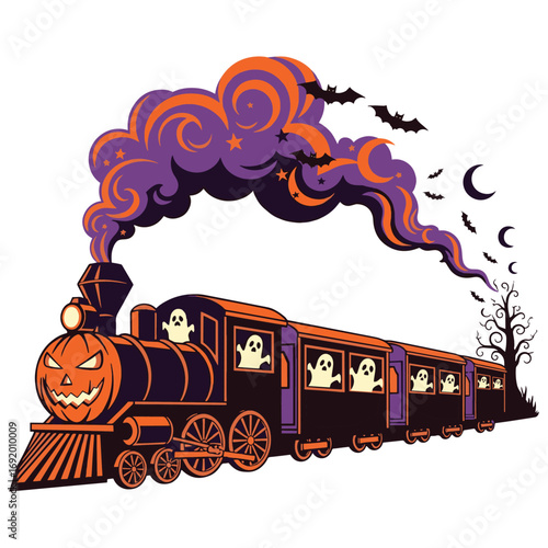 Vector art of halloween train with pumpkin face and ghosts, smoke with bats and moon