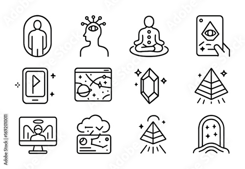 Cyber Mystic Icons. Outline icon set of Cyber mysticism: holographic aura, neural third eye, projected