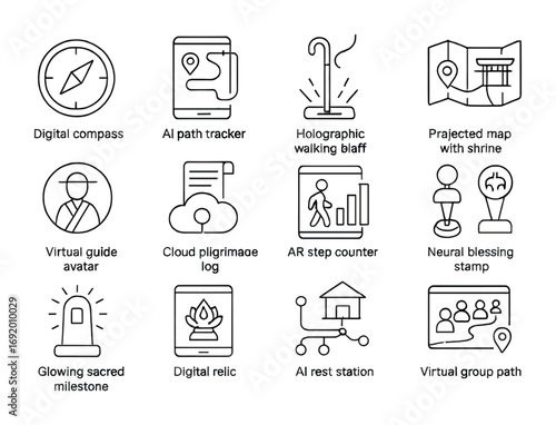 Smart Pilgrimage Guide Icons. Outline icon set of Smart pilgrimage guides: digital compass, AI path tracker,