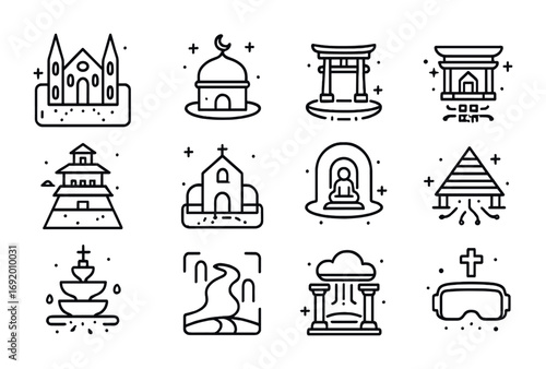 AR Sacred Space Icons. Outline icon set of AR sacred spaces: holographic cathedral, digital mosque dome,